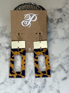 Plunder Navy and Mustard Patterned Rectangular Drop Earrings
